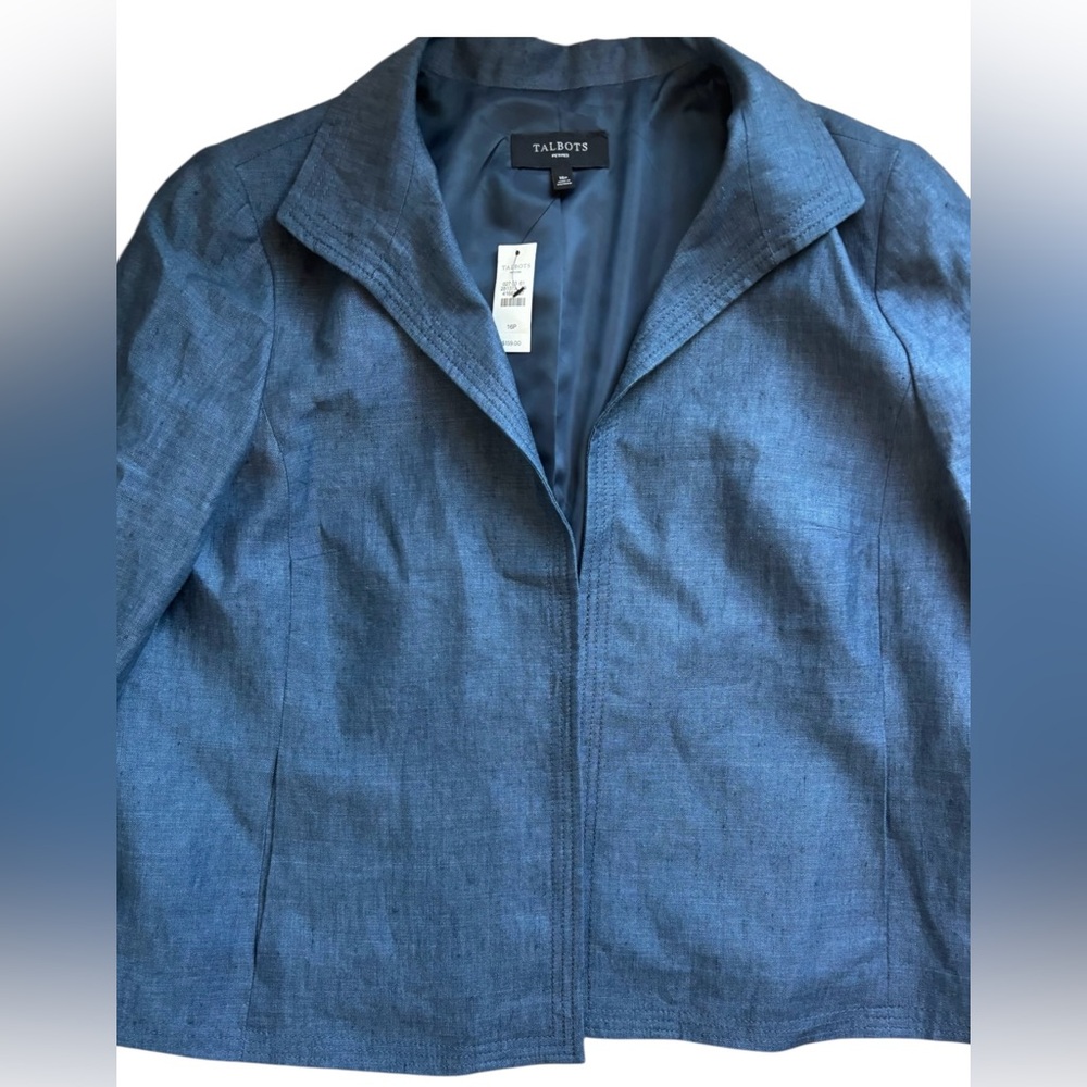 Coastal Talbots Blazer 16P Blue Chambray Linen Open Jacket Pockets Coastal Twee